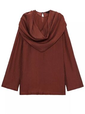Zara Rust Brown Sheer Round Neck Blouse with removable scarf